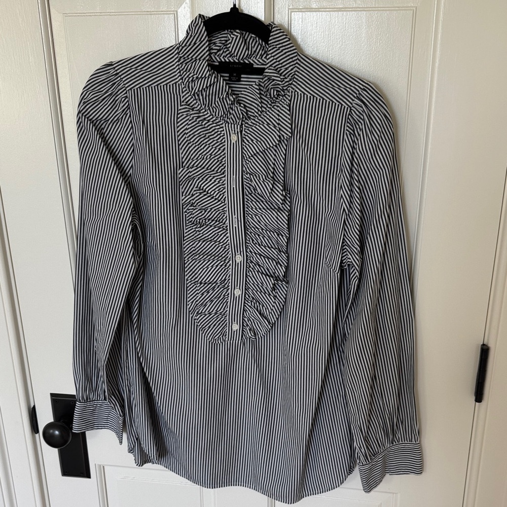 J Crew Women's Black & White Striped Ruffle-Front Shirt